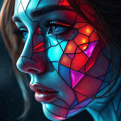 The primary subject of the image is a woman with a unique and artistic appearance. She has a face painted with a mosaic pattern, featuring a mix of blue, red, and yellow colors. The setting is a dark room, which adds to the dramatic and mysterious atmosphere of the scene. The visual style of the image is a combination of digital art and illustration, creating a striking and eye-catching portrait. The colors and mood of the image are vibrant and lively, with the bold and contrasting